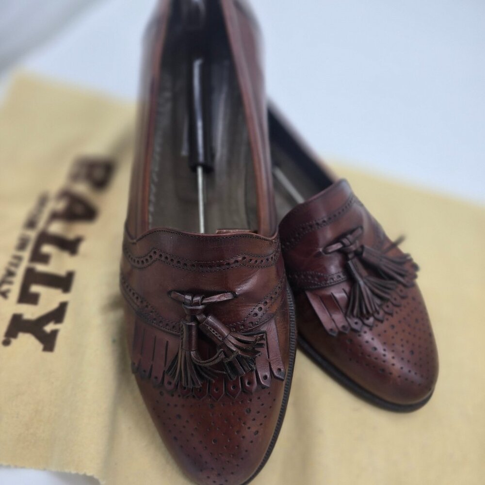 Bally Brown Leather Wing Tip Tassel Loafers Old English Saddle Tan Size 10 D